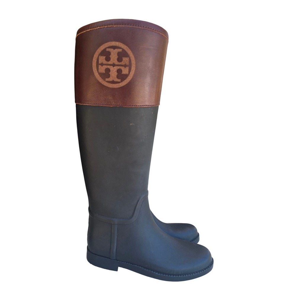 Tory Burch Kiernan Riding Rain Boots Black Burgundy Leather Logo 6M 50008698
